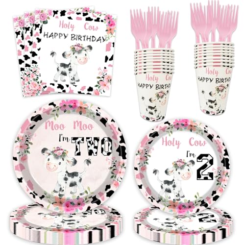 100 Pcs Holy Cow I'm Two Birthday Decorations Girl Tableware Cow Print 2nd Birthday Party Supplies Includes Plates, Forks, Cups, Napkins for Girls Two Years Old Party Favors