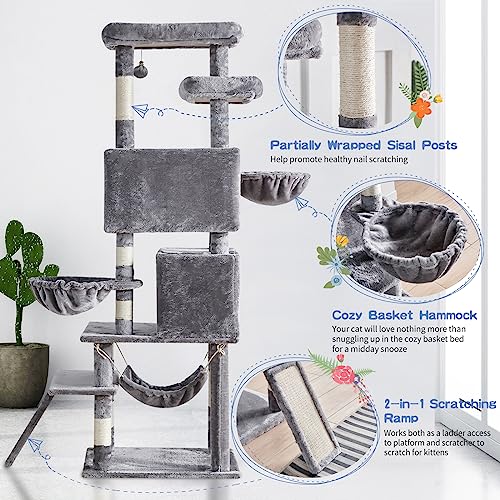Árvore de gato para gatos grandes e adultos, torre de gatos de vários níveis com hastes de sisal par