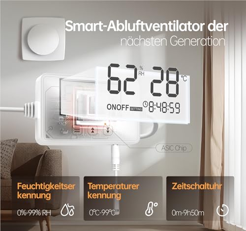 BUMSOU Badlüfter mit Feuchtigkeitssensor Temperatursensor Timer - WC Lüfter 100mm mit Fernbedienung, Echtzeit Feuchtigkeit und Temperatur, Stark Lüftung und Leise Abluftventilator 100mm for Bad P119