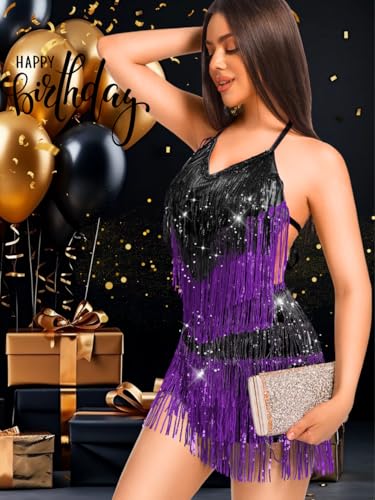 Image of Kaei&Shi Sequin Fringe Romper,Sparkly Glitter Metallic Jumpsuits For Women,Backless Shorts Dress Disco Birthday Dance Outfit