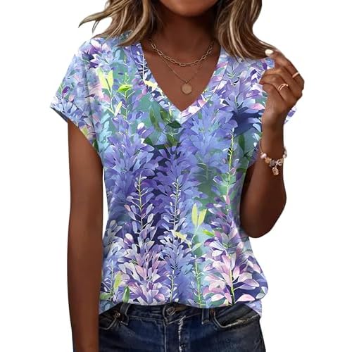 Rapbin Womens Summer Tops Women Blouses Dressy Casual V Neck T Shirts Short Sleeve Spring Tops for Women Wisteria XX-Large
