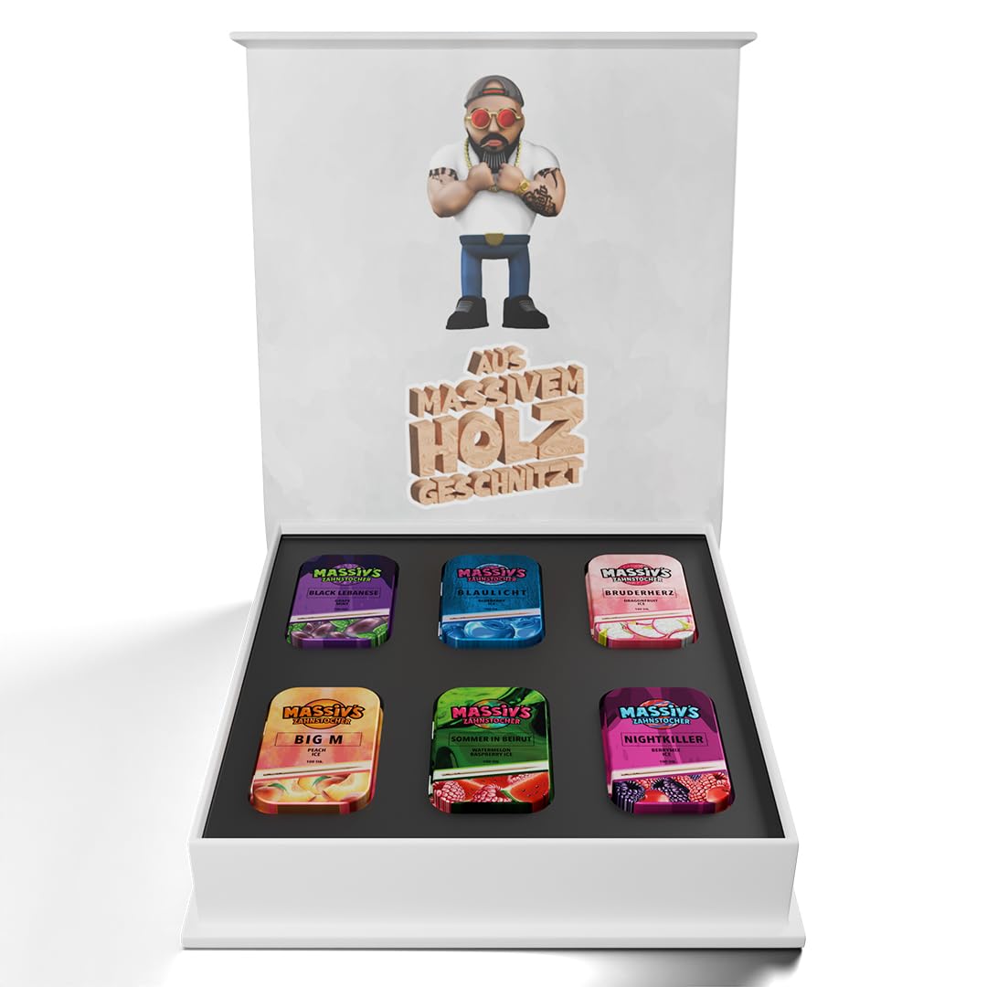 Massiv's Zahnstocher - Zahnstocher mit Geschmack – 6er Set in Geschenkbox | aromatisierte Zahnstocher mit Fruchtgeschmack – vegan, zuckerfrei – Limited Edition by Rapper Massiv