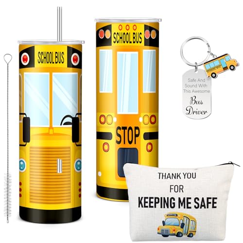 Abbylike 3 Pcs Bus Driver Appreciation Gifts 20oz School Bus Driver Tumbler with Lid and Straw Makeup Bag Back to School Gift for Men Women