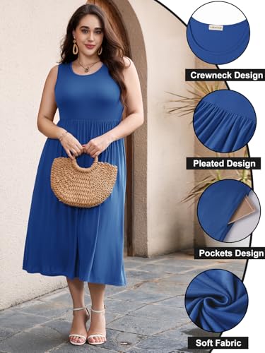 Image of LARACE Women's Plus Size Sleeveless Maxi Dress Casual Crew Neck Pleated Flowy Long Dresses with Pockets L-6XL