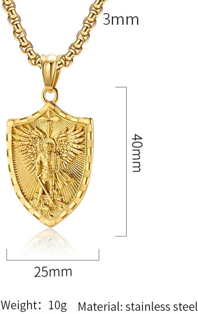 Men Saint Michael Necklace,Stainless Steel Black/Silver/Gold Archangel Pendant Necklace Amulet Protect Shield Jewelry,60cm Rolo Chain