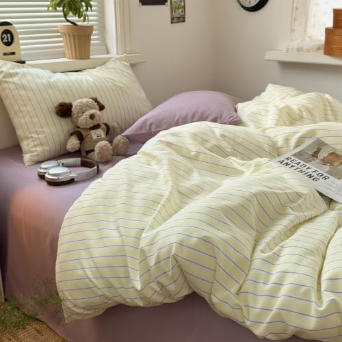 Image of MKXI Twin XL Size Yellow Purple Striped Duvet Cover Set - 3 Piece Vintage Retro Bedding, Lightweight Breathable Comforter Cover, Joyful Style Bedroom Decor with Zipper Closure