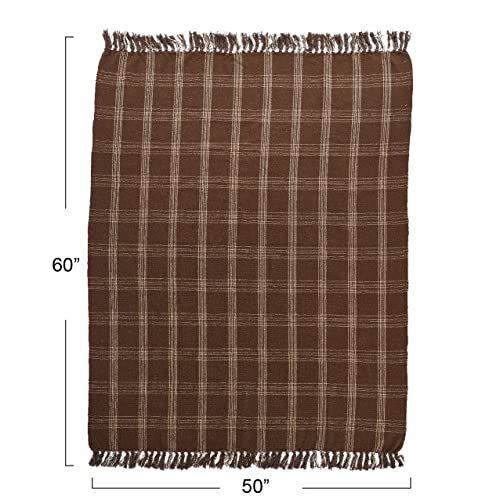Image of Creative Co-Op Recycled Cotton Blend Throw Blanket with Fringe, Brown Plaid One Size (Pack of 4)