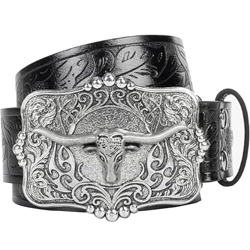 UTOWO Rodeo Western-Longhorn-Bull Cowboy-Belt for Women-Men Bull-Floral-Embossed PU-Leather Cowgirl Waist Belt for Jeans