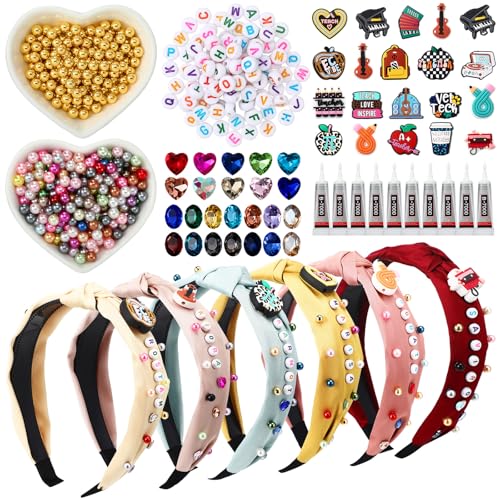 Wavyknot 636 Pieces DIY Headband Making Kit Gift Make Your Own Fashion Hair Accessories Set with Teacher Pencil School Alphabet Beads Rhinestone Diamond Pearl for Summer Classmate Graduation Supplies