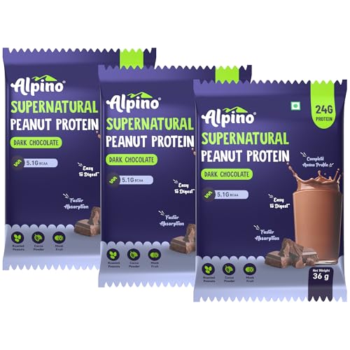 Image of ALPINO Supernatural Peanut Protein | 24g Protein /Serve & 5.1g BCAAs | Dark Chocolate | Plant Protein Powder | 108g (36g x Pack of 3)