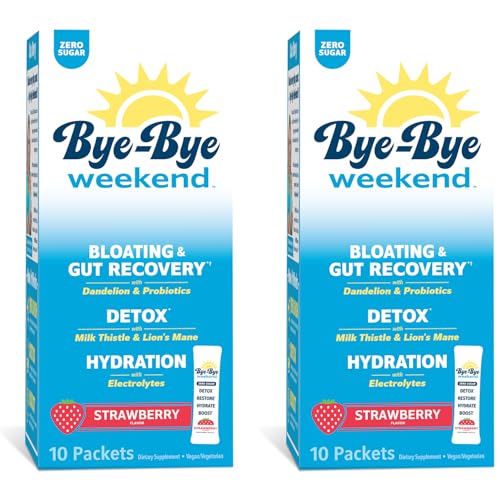 Bye-Bye Weekend Detox Drink Mix w/Electrolytes - for Bloating Recovery Fatigue Brain Fog - Probiotics Lions Mane Milk Thistle - Zero Sugar Strawberry - 20 Pack