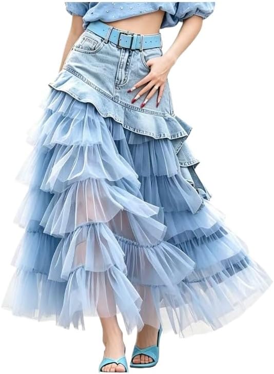 Women's Y2K Denim Ruffle Skirt High Waisted A Line Maxi Skirt with Layered Tulle Mesh Overlay Vintage Long