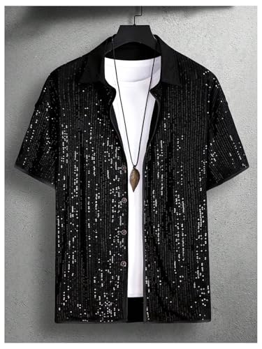 Men's Sequin Button Down Shirts Sparkle 70s Disco Short Sleeve Party Shirt Tops3