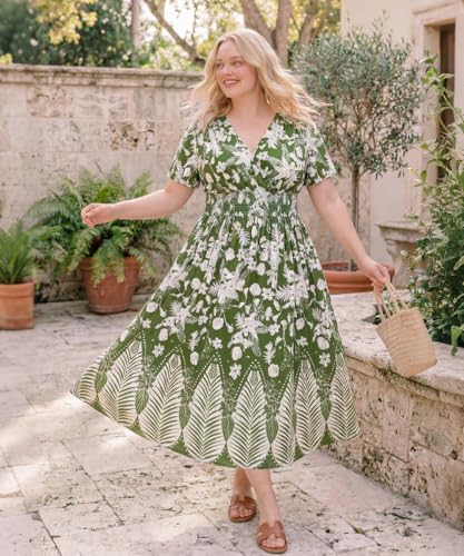 Image of CARCOS Plus Size Dresses for Curvy Women V Neck Summer Maxi Dress Short Sleeve Floral Boho Dress Smocked Waist Beach Dress