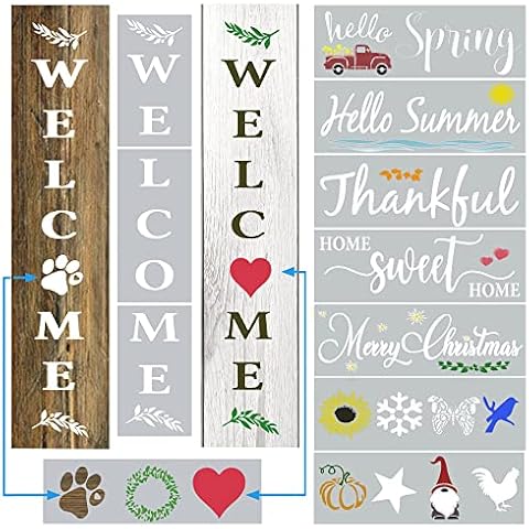 Large Welcome Stencils for Painting on Wood Reusable - Vertical Welcome Sign for Front Door & Outside Porch Decor - Welcome Stencil Set - Farmhouse Letter Stencils for Signs, Walls & Home Decorations Cover