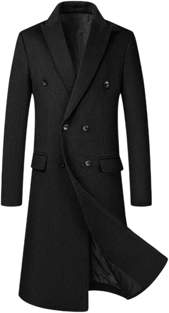Men's Double Breasted Wool Blend Long Coat Winter England Style Business Casual Solid Color Trench Overcoat