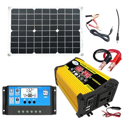 Conjunto De Energía Solar Portátil - Kit Completo De Energía Solar, 220V Inversor Corriente 4000W Con 2 Puertos USB, 30A Controlador Carga Solar, 18W Panel Solar Monocristalino, Pantalla LED