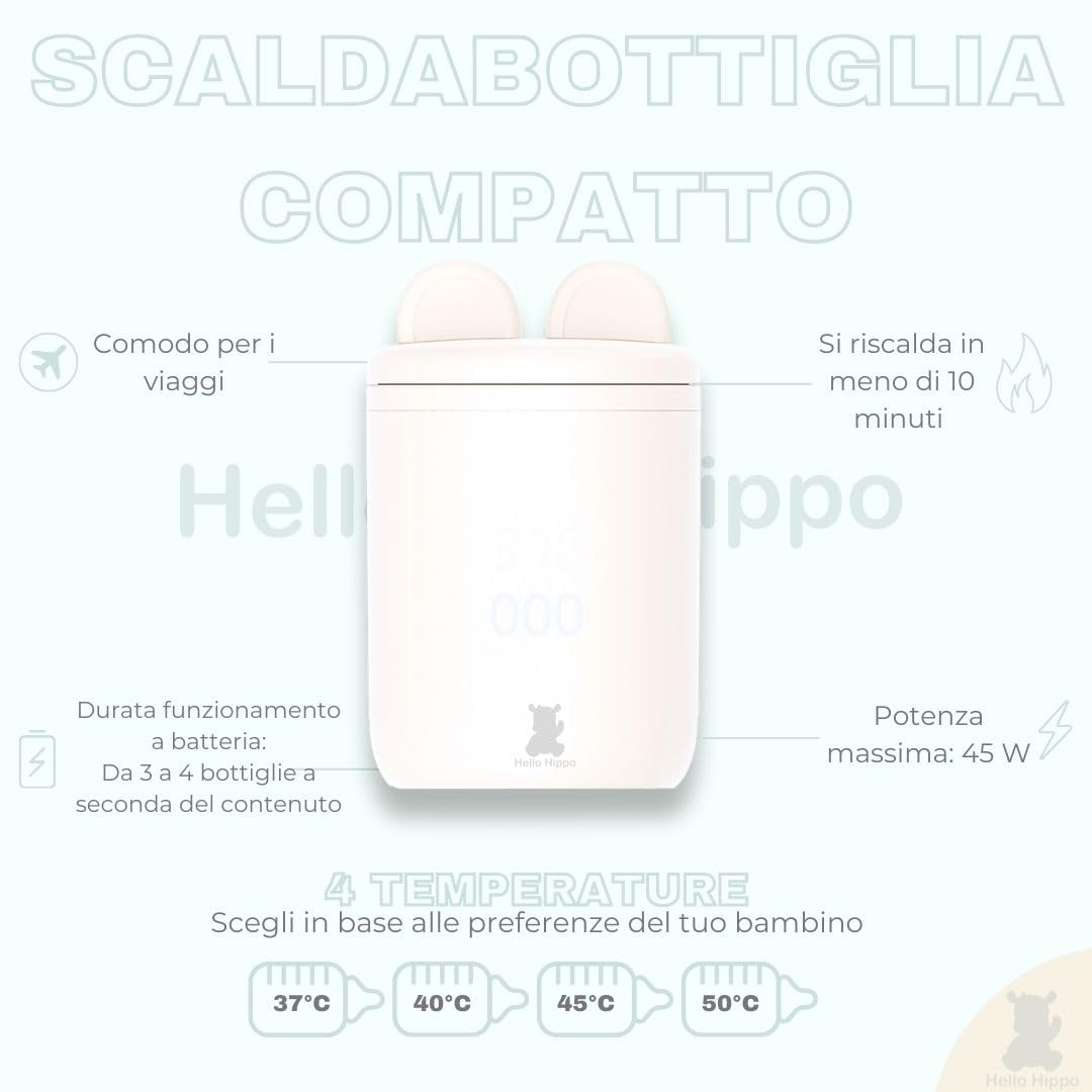 Hello Hippo - Scaldabiberon compatto e portatile: USB-C ricaricabile, anti-perdita, compatibile con Philips Avent, MAM, NUK | 4 temperature regolabili | Riscaldamento rapido ed efficiente