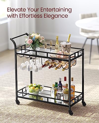 Image of VASAGLE Bar Cart Black, Home Bar Serving Cart, Wine Cart with 2 Mirrored Shelves, Wine Holders, Glass Holders, for Kitchen, Dining Room, Black ULRC090B62