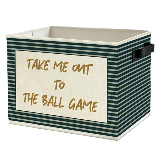 Image of Vintage Baseball Nursery Storage Bins Box with Handles, Take Me Out to the Ball Game Sports Green Striped Collapsible Basket Organizer for Boys Bedroom Playroom Bathroom Books Clothes