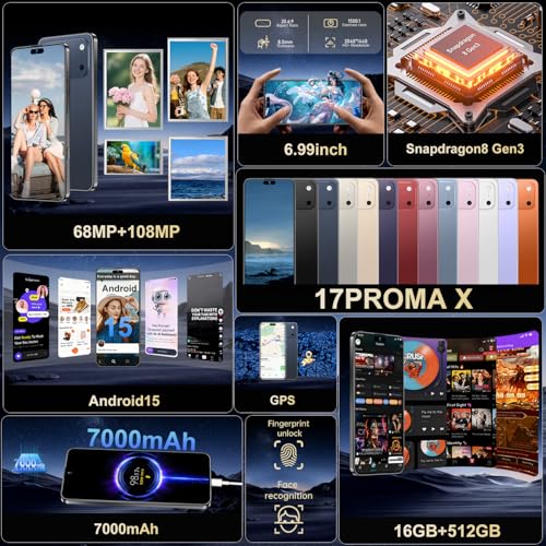 Image of 17PM Unlocked Phone | Cell Phone Android 15.0 | 16+512GB Smartphone| 6.99 inch HD Display | Long Battery Life 7000mAh | 68+108MP Zoom Camera| Fingerprint Lock | with Dual SIM (Dark Blue)