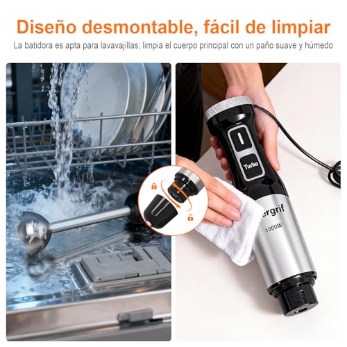 Miniatura 6 de Ibergrif Batidora De Mano 1000w De Acero Inoxidable Para Uso Diario Con Control De Velocidad Progresivo Y Botón Turbo Para Sopas Purés Smoothies Y Salsas
