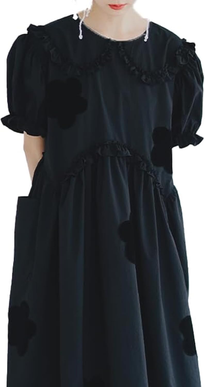 Bubble Sleeve Japanese Cherry Blossom Doll Neck Applique Dress Simple Girly Long Skirt 223588