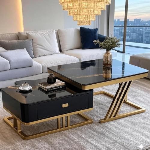 Image of Two Square Stacking Nesting Coffee Tables with Metal Frames, Wooden Tops, and Handcrafted Drawers Contemporary Centre Couch Table for Living Rooms Bedrooms, & Apartments (G Blk)