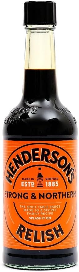 Henderson's Relish. An alternative to Worcestershire Sauce. A Spicy, Gluten Free Sauce. Plant Based Ingredients. Suitable for Vegans/Vegetarians. 284ml bottle.