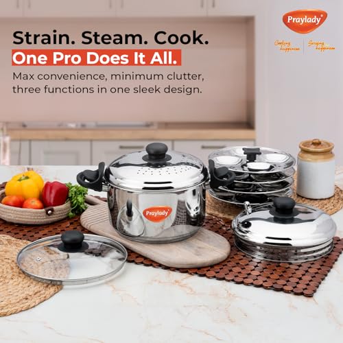 Image of Praylady Strainer Pro Max 4.2L | 304 Grade Stainless Steel | Triply Bottom | Multi-Purpose Pot - Idli Cooker, Pasta Pot, Rice Cooker | 16 Idli Capacity | Induction & Gas Compatible.