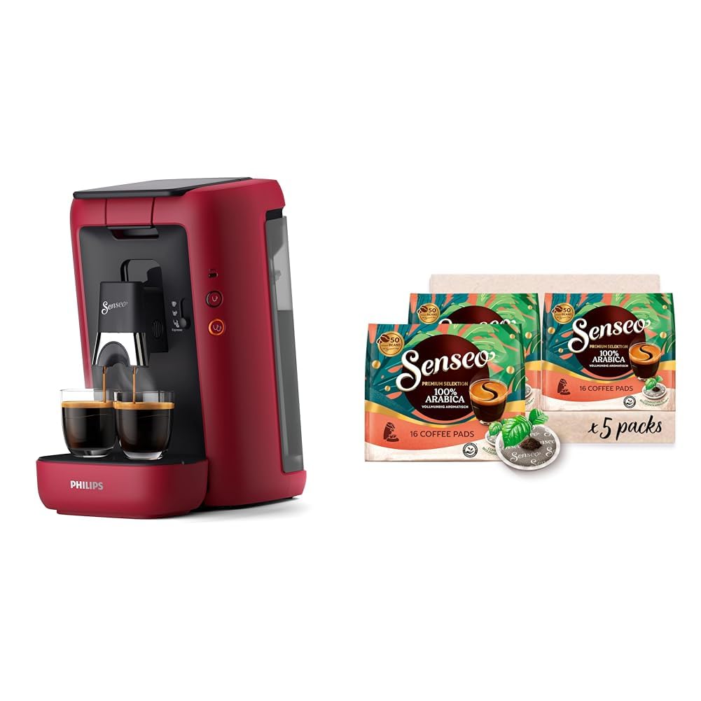 PHILIPS Senseo Maestro Kaffeepadmaschine Bundle mit 80 Kaffeepads, 3 Kaffeespezialitäten, Memo-Funktion, Crema Plus, Intensität Plus, aus recyceltem Plastik, 1,2L, Rot (CSA260/90)