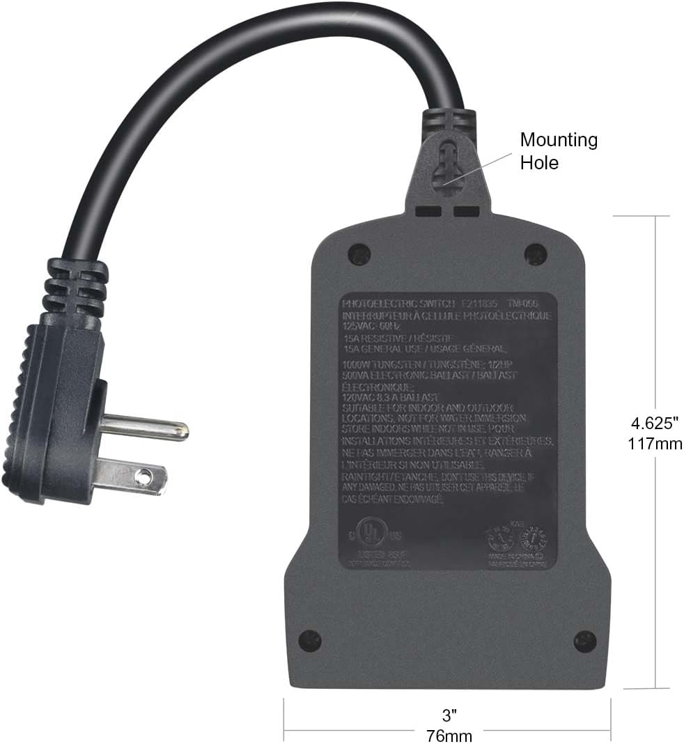 Back view of the OSKOS Outdoor Timer showing the mounting hole and product specifications.