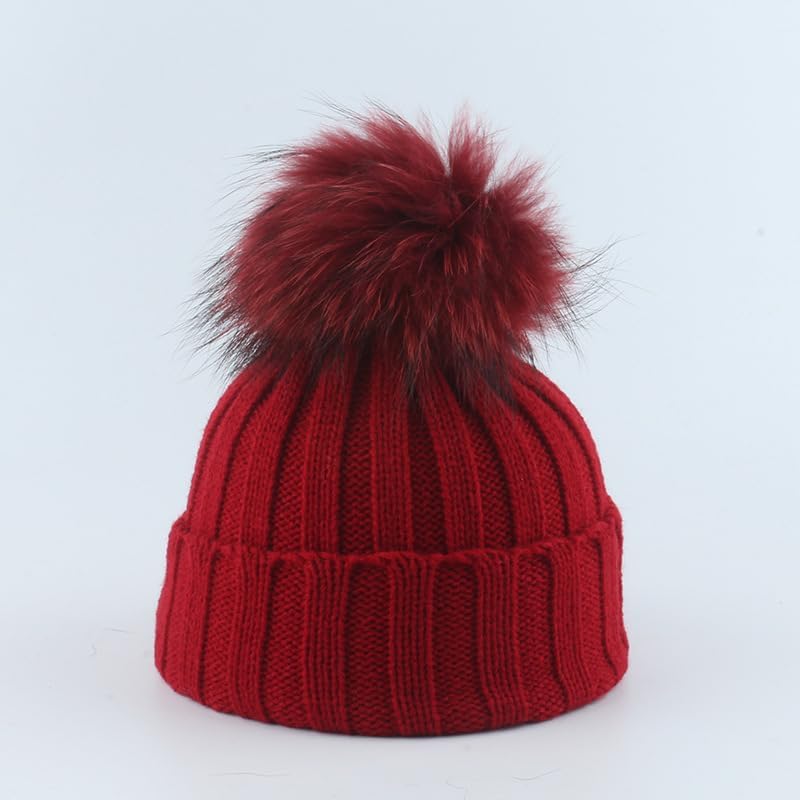 Kids' Chunky Knit Beanie with Big Furry Pom Pom, Soft Rolled Brim Winter Hat for Boy & Girl, Thick Yarn Skull Cap