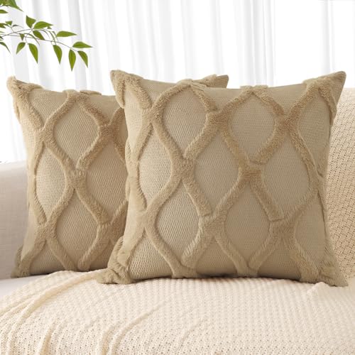 decorUhome Throw Pillow Covers 18x18 Inch Set of 2, Soft Plush Faux Fur Wool Khaki Couch Pillow Covers, Decorative Neutral Pillow Cases for Bed Sofa Living Room Home Decor