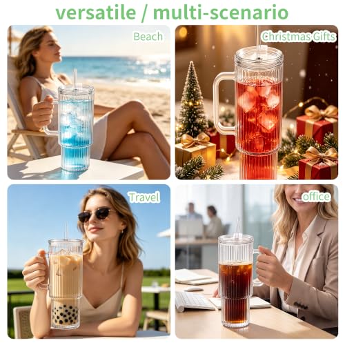 Image of Birity 40oz Ribbed Glass Tumbler with Handle，Glass Cup with Lid and Straw | Reusable Iced Coffee Cup for Smoothies,Soda,Tea-Glass Water Bottles Drinking Glasses for Car,Camping,Travel,and Outdoor