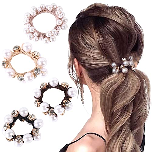 4 Stück Haargummis Damen, Perlen Haarschmuck Haarseile Haargummis Starke Elastische Dehnbar Perlenarmband Haarbänder Kristall Pferdeschwanzhalter Halter Haarspangen für Frauen Mädchen
