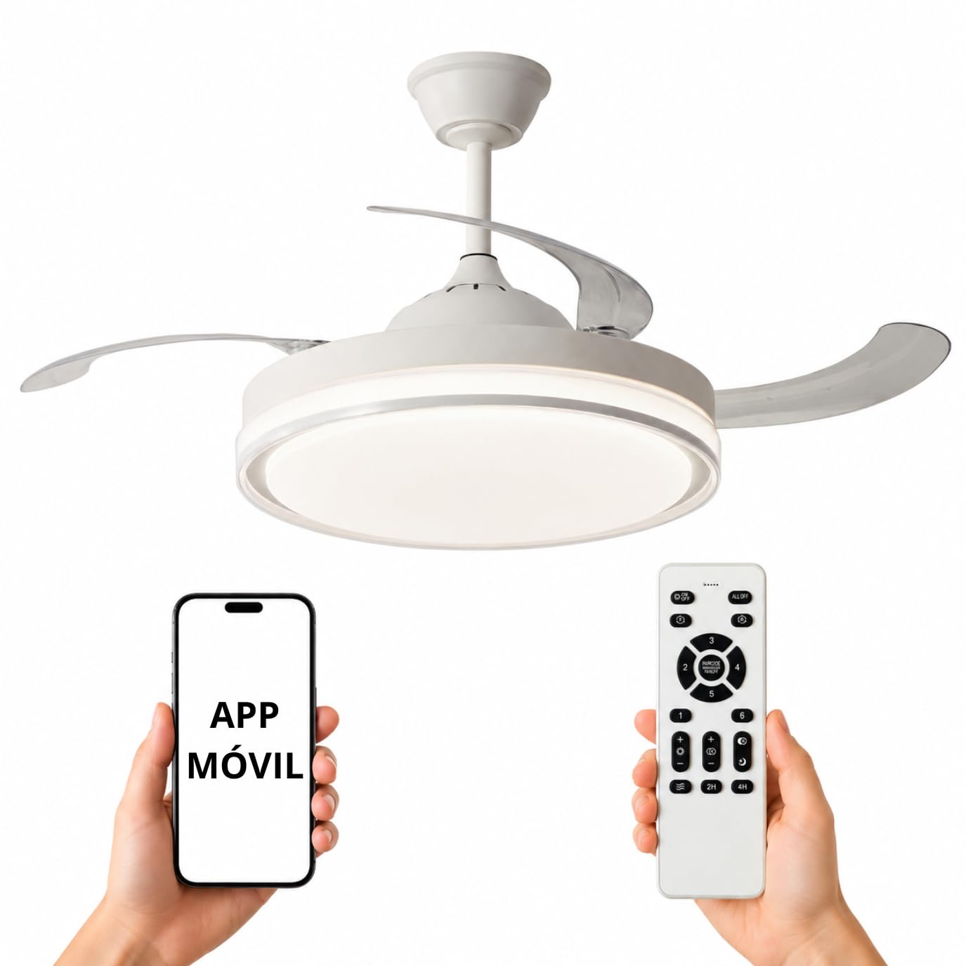 NARVI Ventilador de Techo Blanco con Luz LED Regulable, Motor DC 30W Silencioso de Bajo Consumo, Lámpara Ventilador con Mando a Distancia, 3 Aspas Retráctiles, Función Invierno Verano, LOVANIA 1576 WH