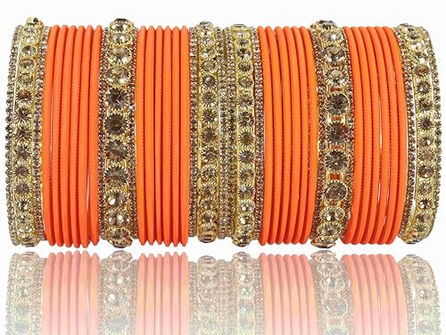 Image of NMII Non-Precious Metal Base Metal and Studded Zircon Gemstone and Matte Finish Worked Bangle set for Women /Girls