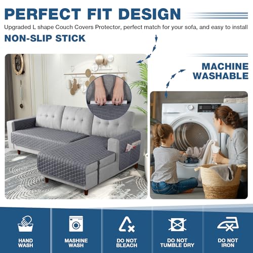 Image of TAOCOCO Sectional Couch Covers 100% Waterproof L Shaped Sofa Covers for Right Hand Facing Chaise Lounge, 2 Pieces Couch Cover L Shape Furniture Protector Slipcover for Pets Kids, Small /Dark Gray
