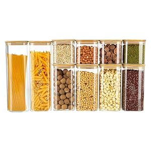 LUGZEY 10-Pack Square Glass Jars with Airtight Bamboo Lids Labels and Chalk Kitchen Storage Jars for Pasta Spaghetti Cereals Grains Sugar Spices and Cookies, 3 Sizes (2100ml,1400ml.750ml)