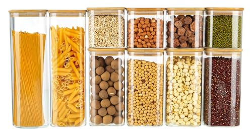 LUGZEY 10-Pack Square Glass Jars with Airtight Bamboo Lids Labels and Chalk Kitchen Storage Jars for Pasta Spaghetti Cereals Grains Sugar Spices and Cookies, 3 Sizes (2100ml,1400ml.750ml)
