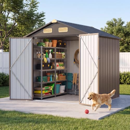 Image of IRONCK 5.7x5.7FT Outdoor Storage Shed with Vent, Outdoor Shed, Brown | Lockable Doors, Impact Corners, Galvanized Steel, Tool Shed for Poolside, Patio, Backyard