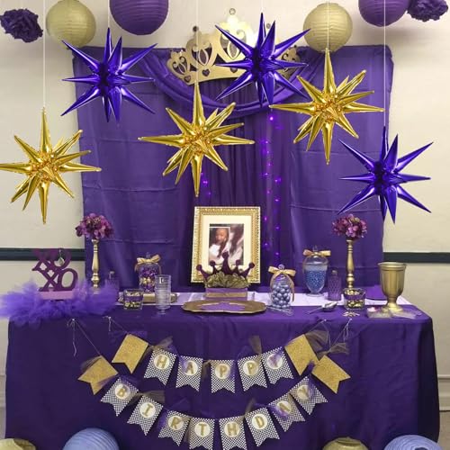 Image of TONIFUL 8 Pcs Explosion Star Balloons Purple Gold Foil Balloon Party Decor | 22 Inch Large Mylar Star Balloon for Adult's Birthday New Year Winter Holiday Mardi Gras Basketball Themed Party Supplies