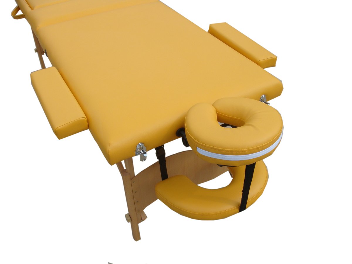 Mucola Massageliege 3 Zonen Massagetisch Holz| klappbar und höhenverstellbar | Portable Massagebank inkl. Zubehör Kopfstütze, Armlehnen und Tragetasche - Gelb