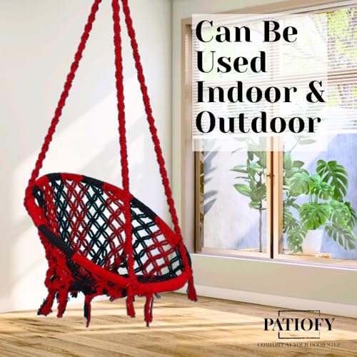 Image of Patiofy Cotton Round Swing Chair for Adults and Kids /Swing for Home, Balcony /Jhula for Adults /Jhoola for Living Room /Suitable for Indoor & Outdoor /with Hanging Kit (Red-Black)