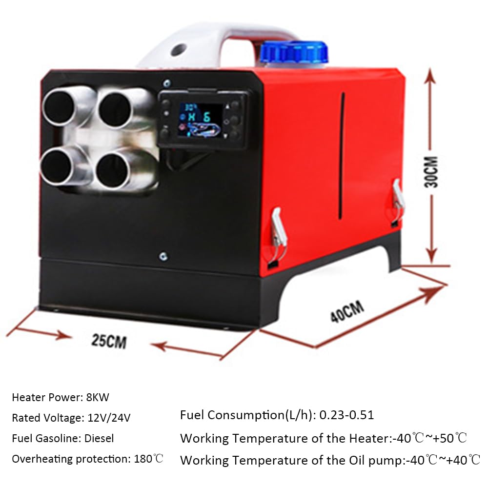 Riscaldatore d'Aria Diesel 8KW A 4 Fori con Termostato LCD del Serbatoio 5L E Telecomando, per Camion, Camper, Barca,12v