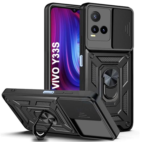 Image of AESTMO Tough Armor Bumper Back Case Cover | Ring Holder & Sliding Camera Shield Cover | 360 Degree Protection Back Case Cover (Slider Armor Black, Vivo Y33S / Y21 2021)