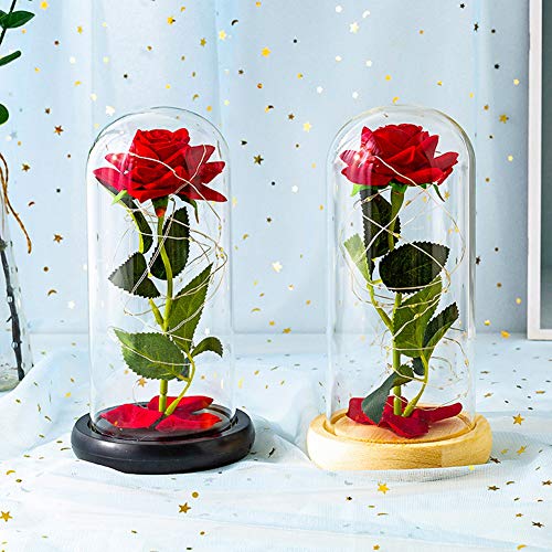 Bewaard Rose Flower LED Light met glazen afdekplaat voor Valentines'Day Wedding Gift Christmas Birthday Anniversary,Wood base - Afbeelding 3