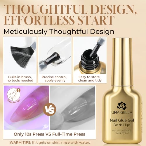 Image of UNA GELLA 6 in 1 Gel Nail Glue for Acrylic Nails Tips 2 Pcs 10ml Super Strong Nail Glue Long Lasting Brush On Nail G el Glue Curing Needed U V for Base Coat, Soft Gel Nail Tips, Clear Press on Nails