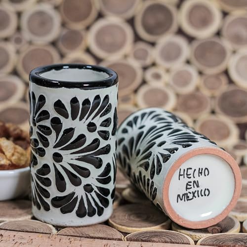 Image of Talavera Shot Glasses Set of 4 Authentic Mexican Tequila Shot Glasses - Hand-painted - 2 Oz (Black Brushstroke White Background)